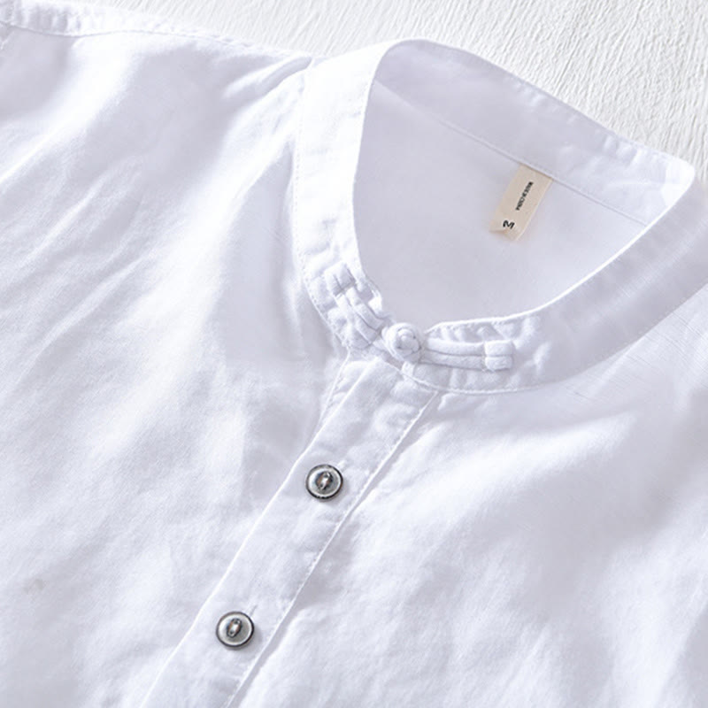 Chemise en coton et lin à manches courtes pour homme, couleur unie, Buddha Stones et demi-bouton, col montant - image 6