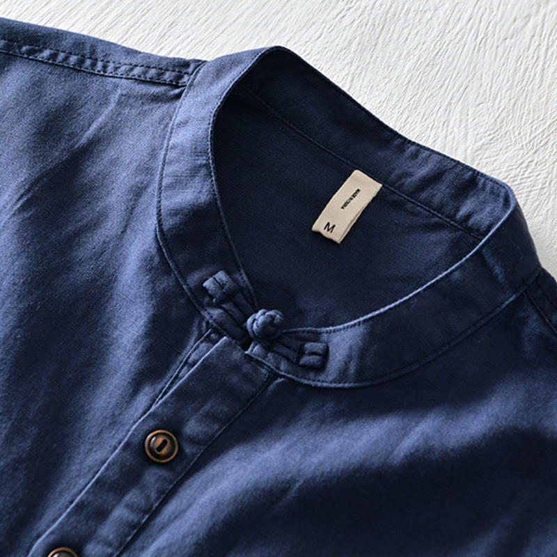 Chemise en coton et lin à manches courtes pour homme, couleur unie, Buddha Stones et demi-bouton, col montant - image 11