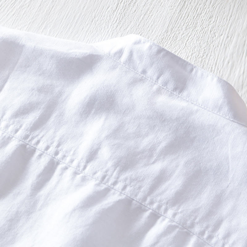 Chemise en coton et lin à manches courtes pour homme, couleur unie, Buddha Stones et demi-bouton, col montant - image 7