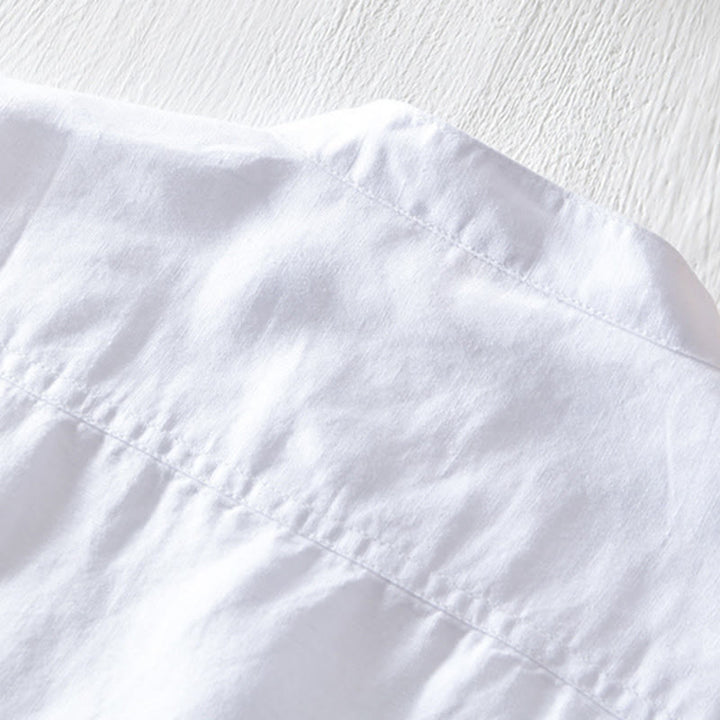 Chemise en coton et lin à manches courtes pour homme, couleur unie, Buddha Stones et demi-bouton, col montant - image 7