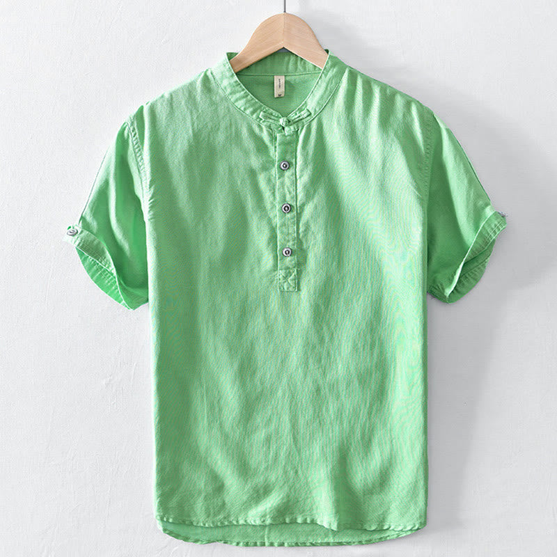 Chemise en coton et lin à manches courtes pour homme, couleur unie, Buddha Stones et demi-bouton, col montant - Vert printemps moyen - US/UK/AU46，EU56 (5XL) - image 13