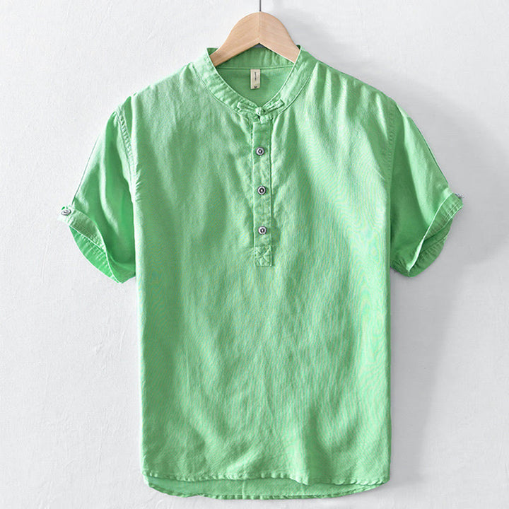 Chemise en coton et lin à manches courtes pour homme, couleur unie, Buddha Stones et demi-bouton, col montant - Vert printemps moyen - US/UK/AU46，EU56 (5XL) - image 13