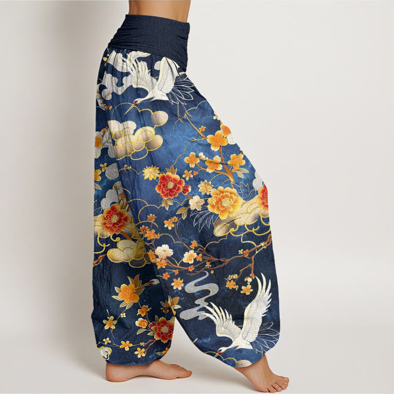 Pantalon sarouel à taille élastique pour femme, motif de Buddha Stones , nuages ​​de bon augure, grues blanches et fleurs rouges - image 3