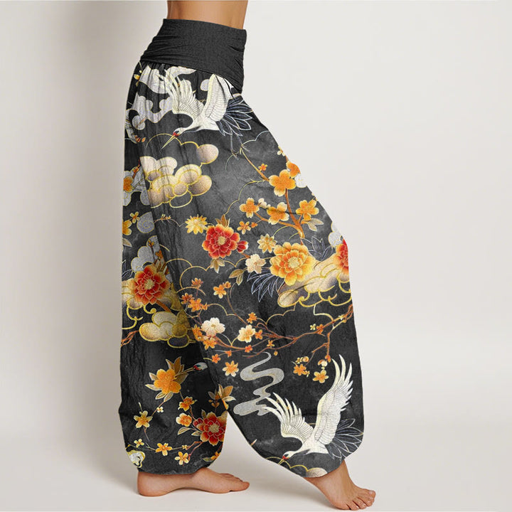 Pantalon sarouel à taille élastique pour femme, motif de Buddha Stones , nuages ​​de bon augure, grues blanches et fleurs rouges - image 7