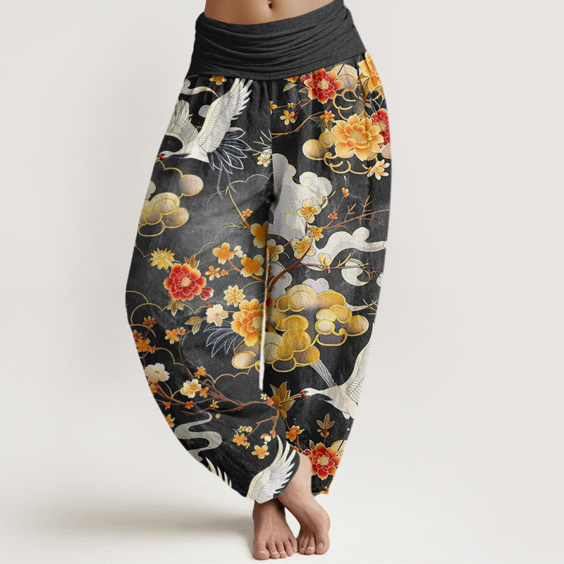 Pantalon sarouel à taille élastique pour femme, motif de Buddha Stones , nuages ​​de bon augure, grues blanches et fleurs rouges - Noir - US22，UK/AU26，EU54 (6XL) - image 4