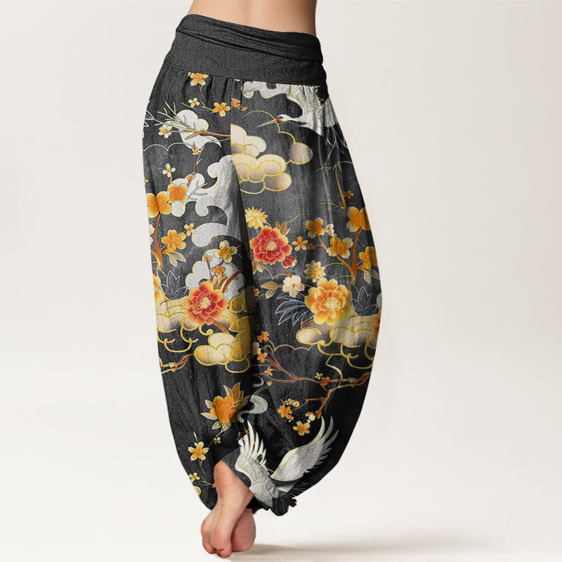 Pantalon harem à taille élastique pour femme, orné de motifs de Buddha Stones , de nuages ​​de bon augure, de grues blanches et de fleurs rouges. - image 5