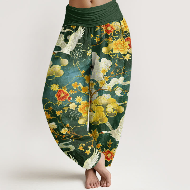 Pantalon sarouel à taille élastique pour femme, motif de Buddha Stones , nuages ​​de bon augure, grues blanches et fleurs rouges - Vert d'eau - US22，UK/AU26，EU54 (6XL) - image 7