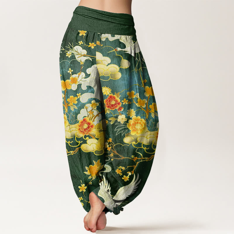 Pantalon sarouel à taille élastique pour femme, motif de Buddha Stones , nuages ​​de bon augure, grues blanches et fleurs rouges - image 9