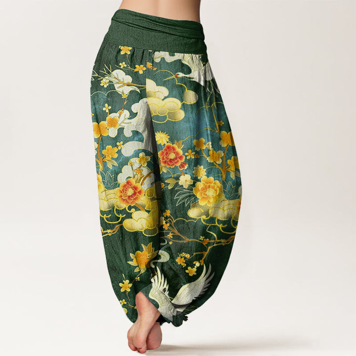 Pantalon sarouel à taille élastique pour femme, motif de Buddha Stones , nuages ​​de bon augure, grues blanches et fleurs rouges - image 9
