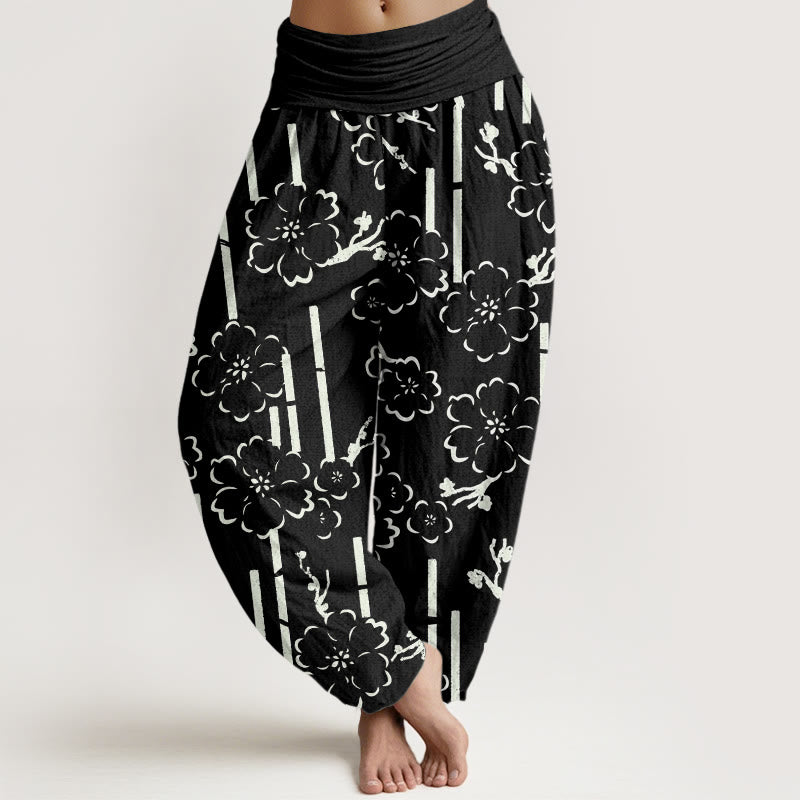 Pantalon sarouel à taille élastique pour femme, motif floral et Buddha Stones - Noir - US22，UK/AU26，EU54 (6XL) - image 5