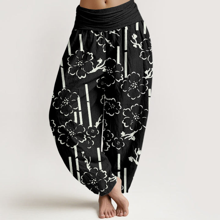 Pantalon sarouel à taille élastique pour femme, motif floral et Buddha Stones - Noir - US22，UK/AU26，EU54 (6XL) - image 5