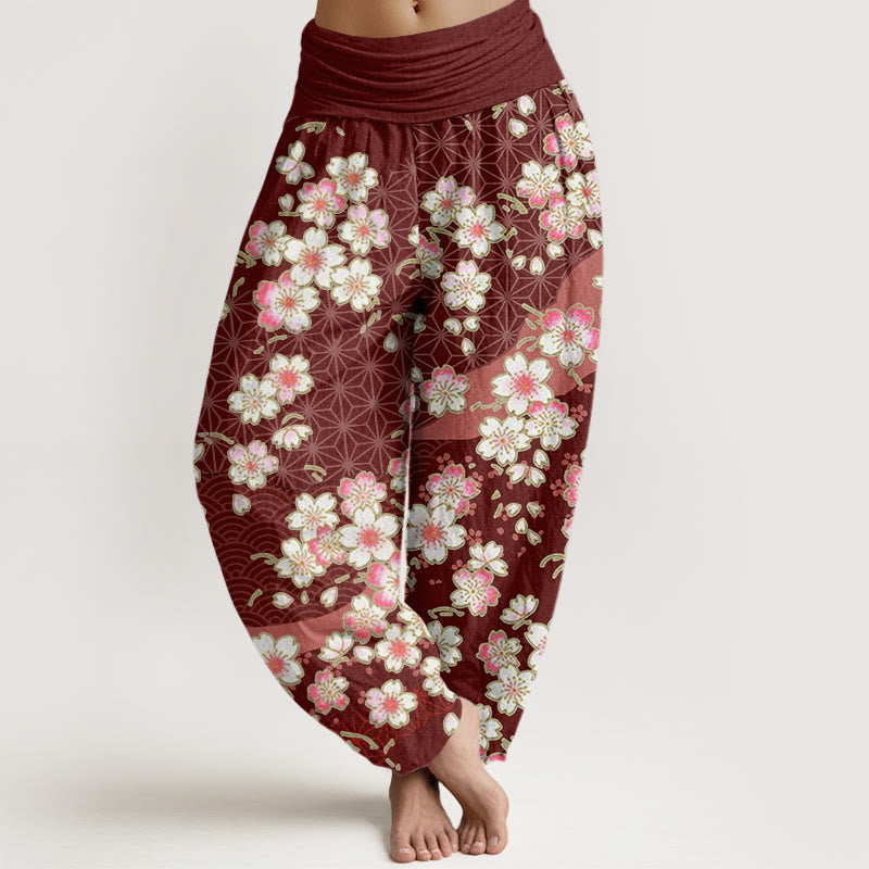 Pantalon sarouel à taille élastique pour femme, motif Buddha Stones, fleurs de cerisier roses et étoiles à six branches - Rouge foncé - US22，UK/AU26，EU54 (6XL) - image 1