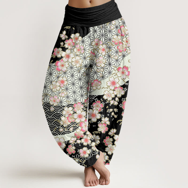 Pantalon sarouel à taille élastique pour femme, motif Buddha Stones, fleurs de cerisier roses et étoiles à six branches - Noir - US22，UK/AU26，EU54 (6XL) - image 5