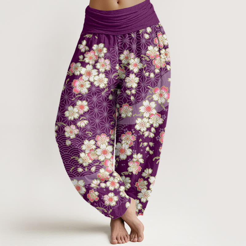 Pantalon sarouel à taille élastique pour femme, motif Buddha Stones, fleurs de cerisier roses et étoiles à six branches - Violet - US22，UK/AU26，EU54 (6XL) - image 8