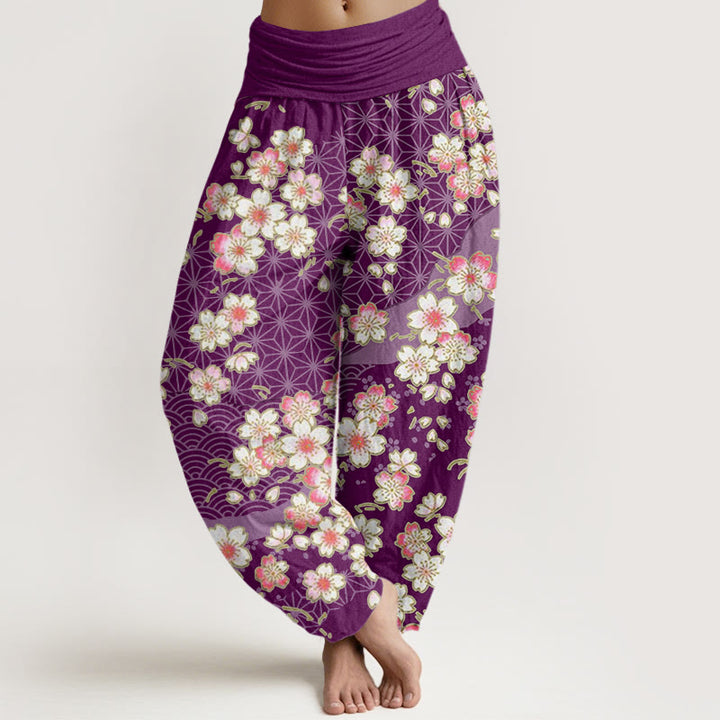Pantalon sarouel à taille élastique pour femme, motif Buddha Stones, fleurs de cerisier roses et étoiles à six branches - Violet - US22，UK/AU26，EU54 (6XL) - image 8