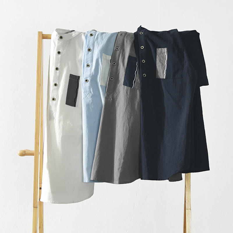 Chemise homme en coton et lin à manches courtes et demi-bouton contrastés avec poches et motif Buddha Stones - image 16