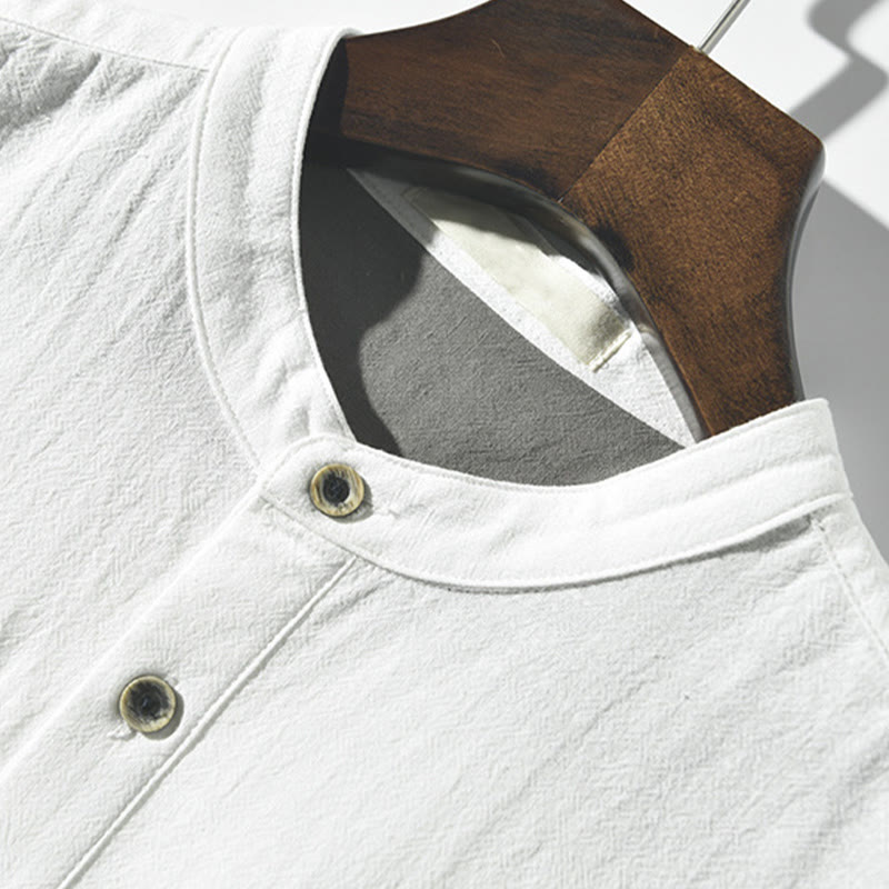 Chemise homme en coton et lin à manches courtes et demi-bouton contrastés avec poches et motif Buddha Stones - image 2