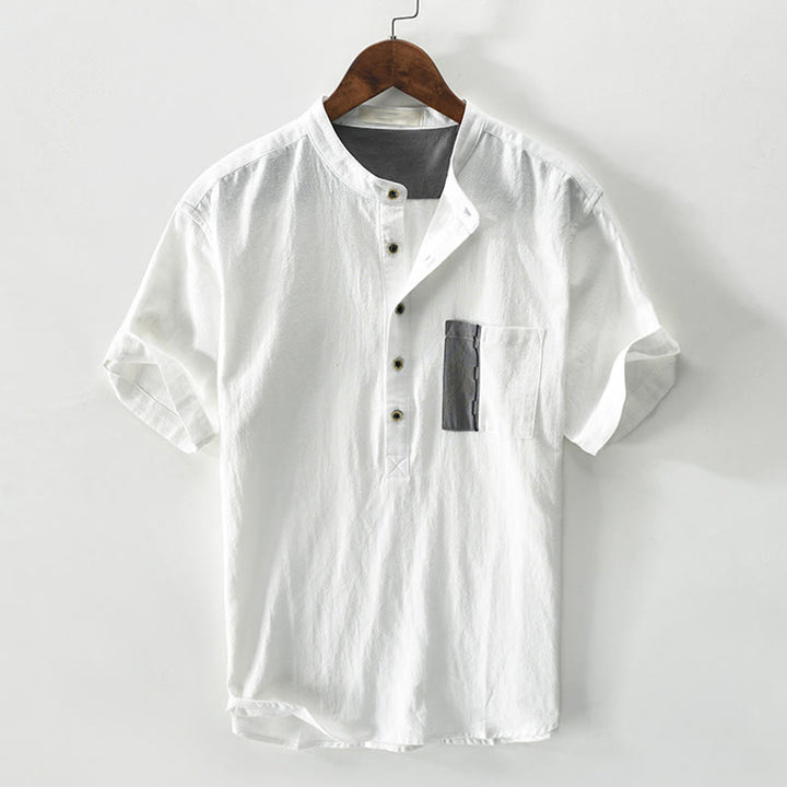 Chemise homme en coton et lin à manches courtes et demi-bouton contrastés avec poches et motif Buddha Stones - Blanc - US/UK/AU42，EU52 (3XL) - image 0
