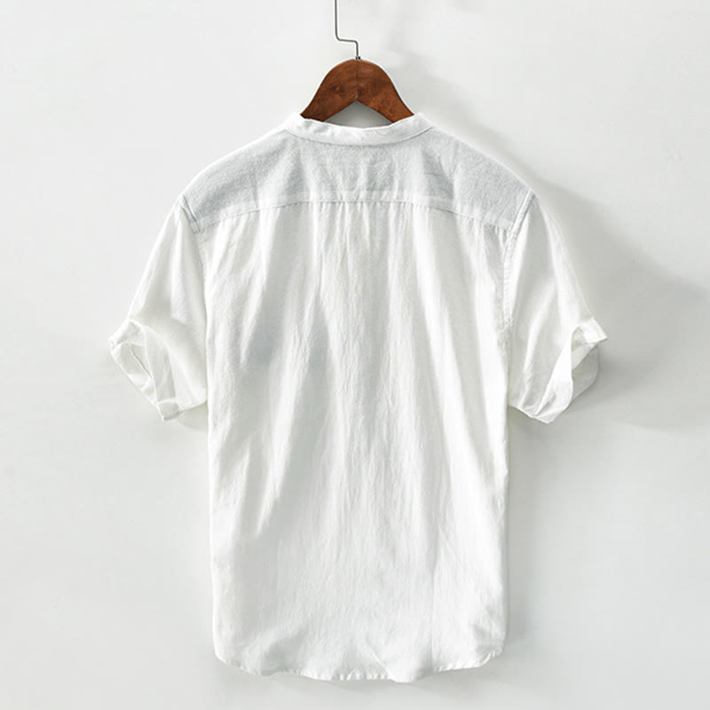Chemise homme en coton et lin à manches courtes et demi-bouton contrastés avec poches et motif Buddha Stones - image 1