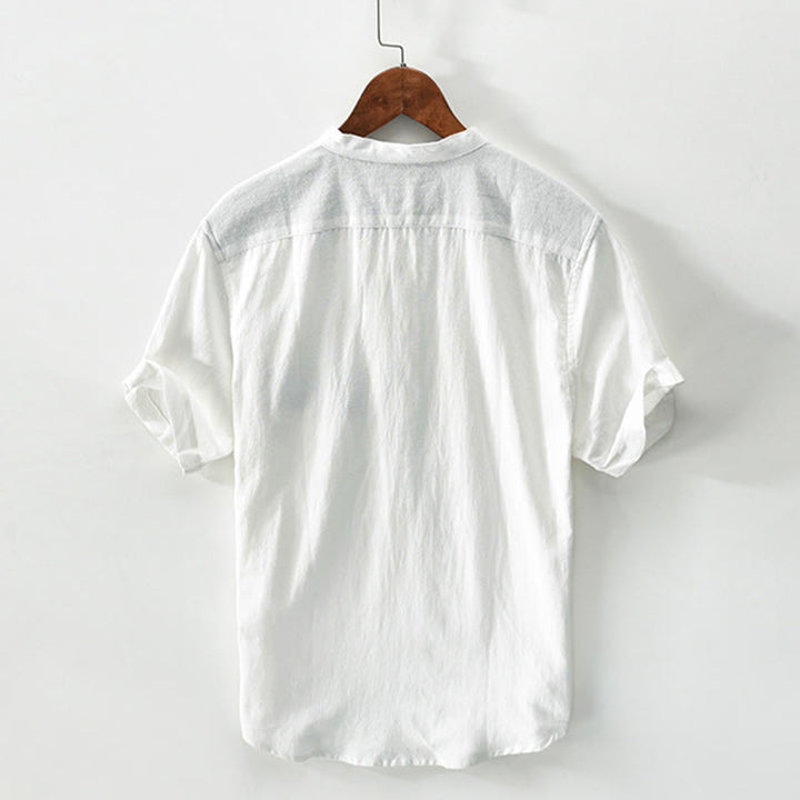 Chemise homme en coton et lin à manches courtes et demi-bouton contrastés avec poches et motif Buddha Stones - image 1