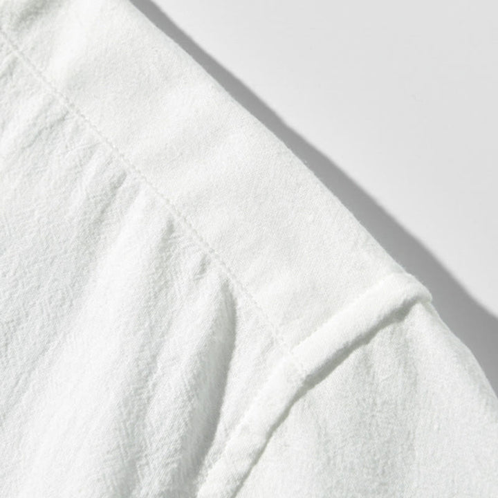 Chemise homme en coton et lin à manches courtes et demi-bouton contrastés avec poches et motif Buddha Stones - image 3