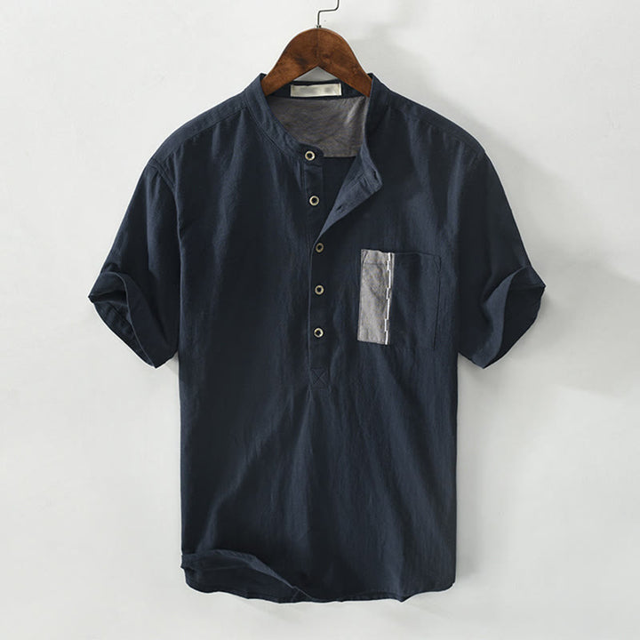 Chemise homme en coton et lin à manches courtes et demi-bouton contrastés avec poches et motif Buddha Stones - Bleu nuit - US/UK/AU42，EU52 (3XL) - image 13