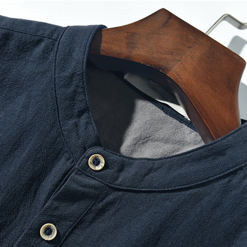 Chemise homme en coton et lin à manches courtes et demi-bouton contrastés avec poches et motif Buddha Stones - image 14