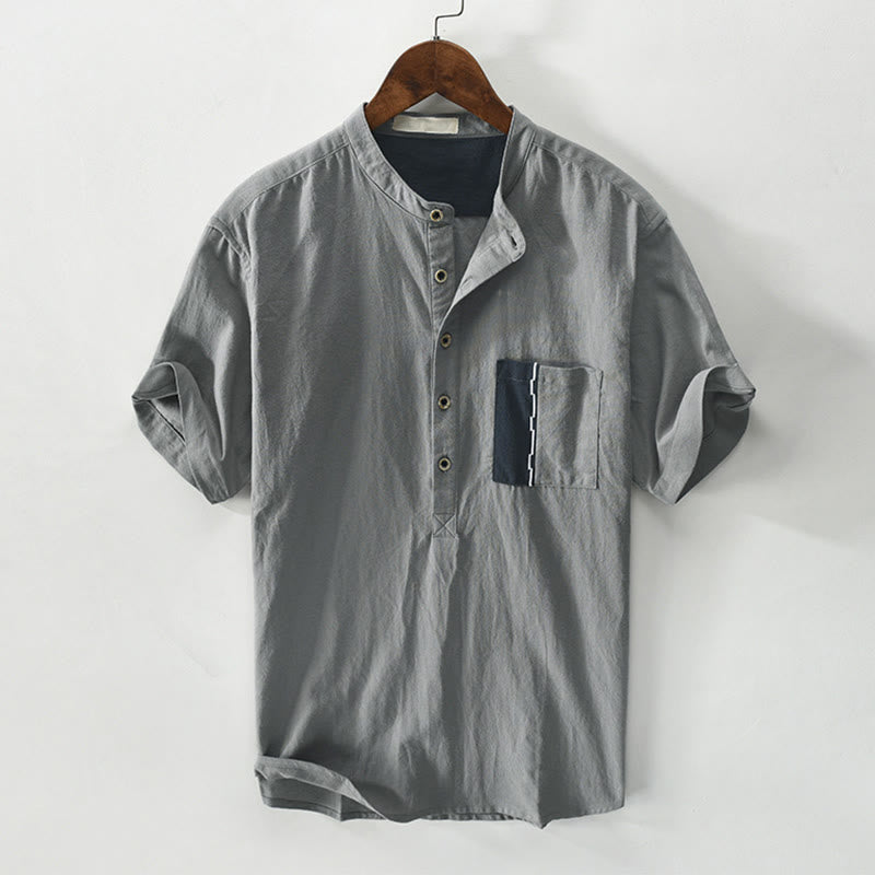 Chemise homme en coton et lin à manches courtes et demi-bouton contrastés avec poches et motif Buddha Stones - Gris - US/UK/AU42，EU52 (3XL) - image 7