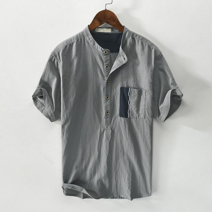 Chemise homme en coton et lin à manches courtes et demi-bouton contrastés avec poches et motif Buddha Stones - Gris - US/UK/AU42，EU52 (3XL) - image 7