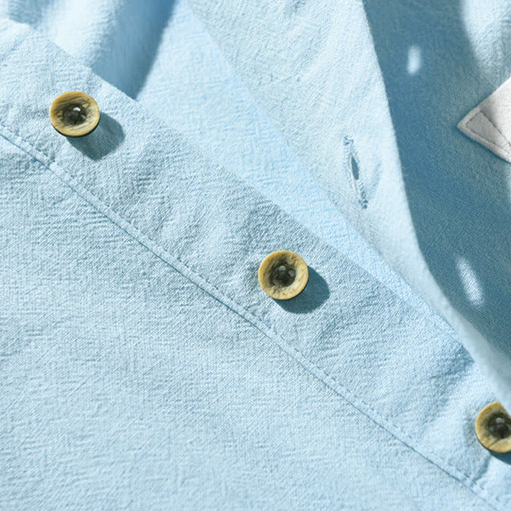 Chemise homme en coton et lin à manches courtes et demi-bouton contrastés avec poches et motif Buddha Stones - image 11