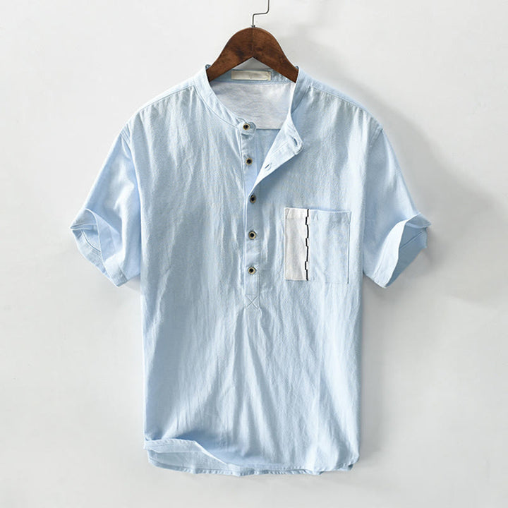 Chemise homme en coton et lin à manches courtes et demi-bouton contrastés avec poches et motif Buddha Stones - Bleu ciel clair - US/UK/AU42，EU52 (3XL) - image 10