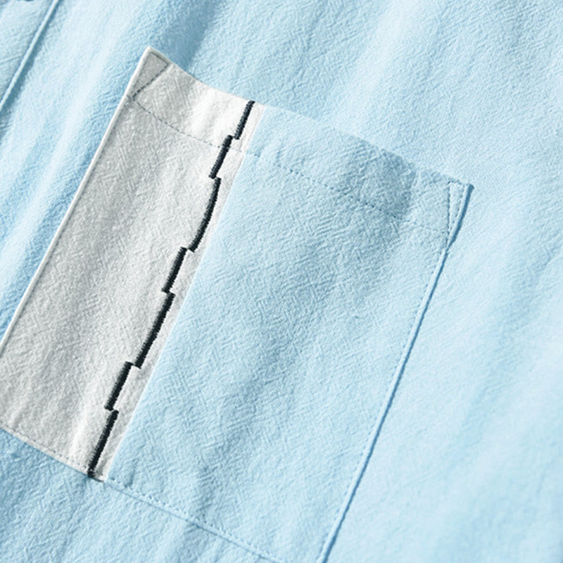 Chemise homme en coton et lin à manches courtes et demi-bouton contrastés avec poches et motif Buddha Stones - image 12