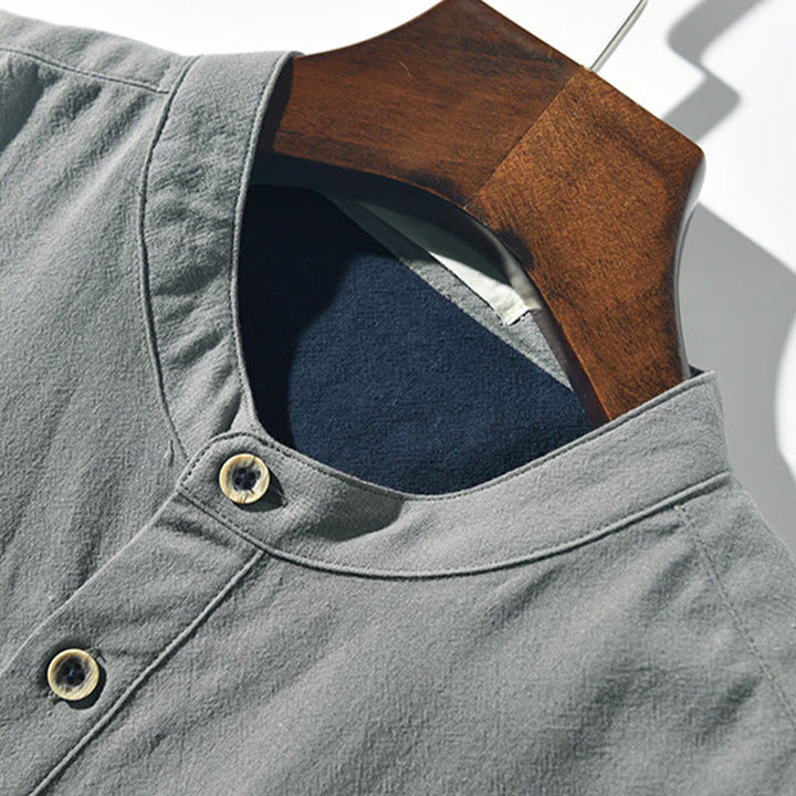 Chemise homme en coton et lin à manches courtes et demi-bouton contrastés avec poches et motif Buddha Stones - image 8