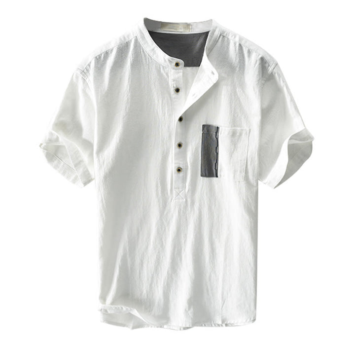 Chemise homme en coton et lin à manches courtes et demi-bouton contrastés avec poches et motif Buddha Stones - image 6