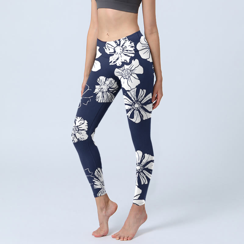 Leggings de sport à imprimé Buddha Stones et grands pétales blancs pour femme - Bleu nuit - US18，UK/AU22，EU50 (4XL) - image 1