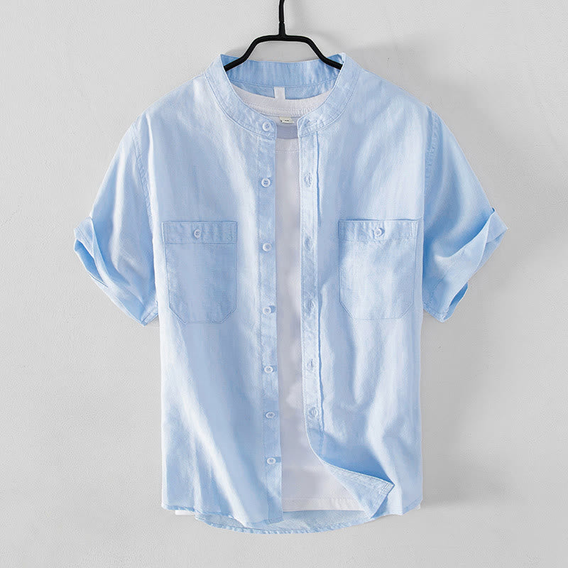 Chemise décontractée à manches courtes en coton et lin pour homme, avec Buddha Stones simples et col montant, avec poches avant - Bleu ciel clair - US/UK/AU42，EU52 (3XL) - image 0