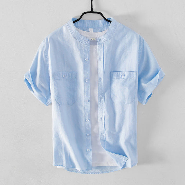 Chemise décontractée à manches courtes en coton et lin pour homme, avec Buddha Stones simples et col montant, avec poches avant - Bleu ciel clair - US/UK/AU42，EU52 (3XL) - image 0