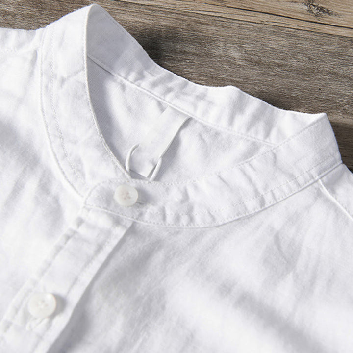 Chemise décontractée à manches courtes en coton et lin pour homme, avec Buddha Stones simples et col montant, avec poches avant - image 3