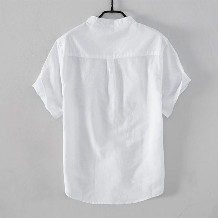 Chemise décontractée à manches courtes en coton et lin pour homme, avec Buddha Stones simples et col montant, avec poches avant - image 2