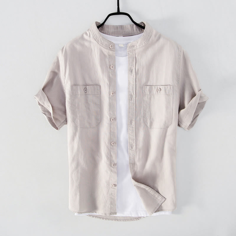 Chemise décontractée à manches courtes en coton et lin pour homme, avec Buddha Stones simples et col montant, avec poches avant - Lin - US/UK/AU42，EU52 (3XL) - image 8