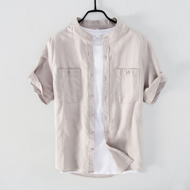 Chemise décontractée à manches courtes en coton et lin pour homme, avec Buddha Stones simples et col montant, avec poches avant - Lin - US/UK/AU42，EU52 (3XL) - image 8
