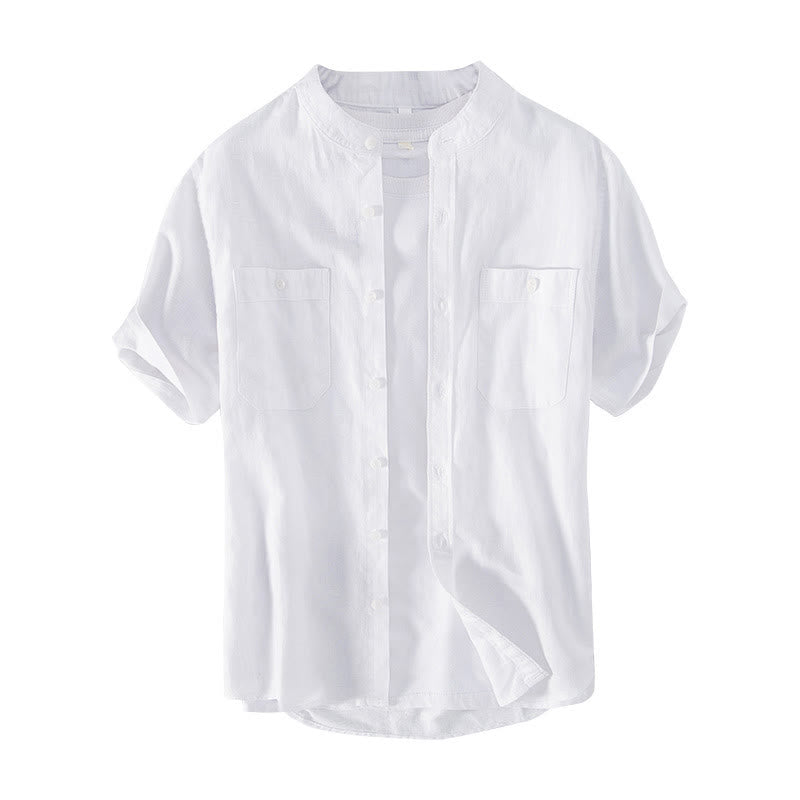 Chemise décontractée à manches courtes en coton et lin pour homme, avec Buddha Stones simples et col montant, avec poches avant - image 7