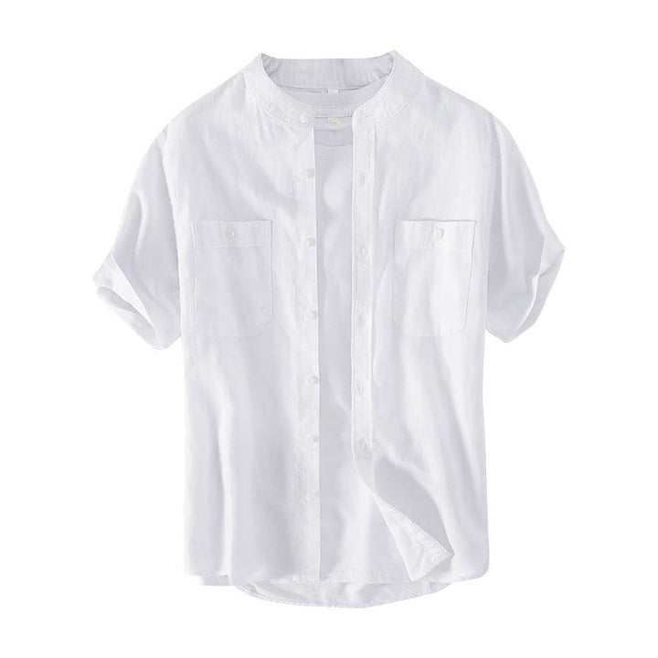 Chemise décontractée à manches courtes en coton et lin pour homme, avec Buddha Stones simples et col montant, avec poches avant - image 7