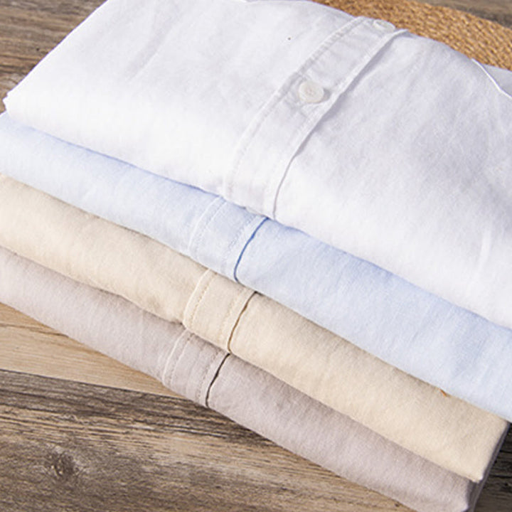 Chemise décontractée à manches courtes en coton et lin pour homme, avec Buddha Stones simples et col montant, avec poches avant - image 18