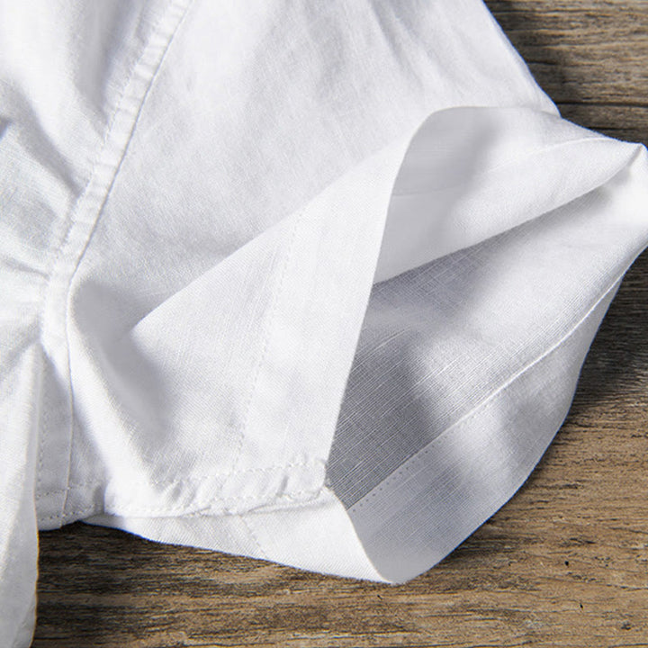 Chemise décontractée à manches courtes en coton et lin pour homme, avec Buddha Stones simples et col montant, avec poches avant - image 6