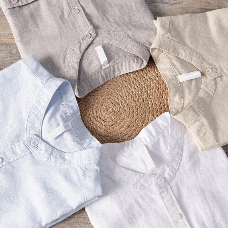 Chemise décontractée à manches courtes en coton et lin pour homme, avec Buddha Stones simples et col montant, avec poches avant - image 19