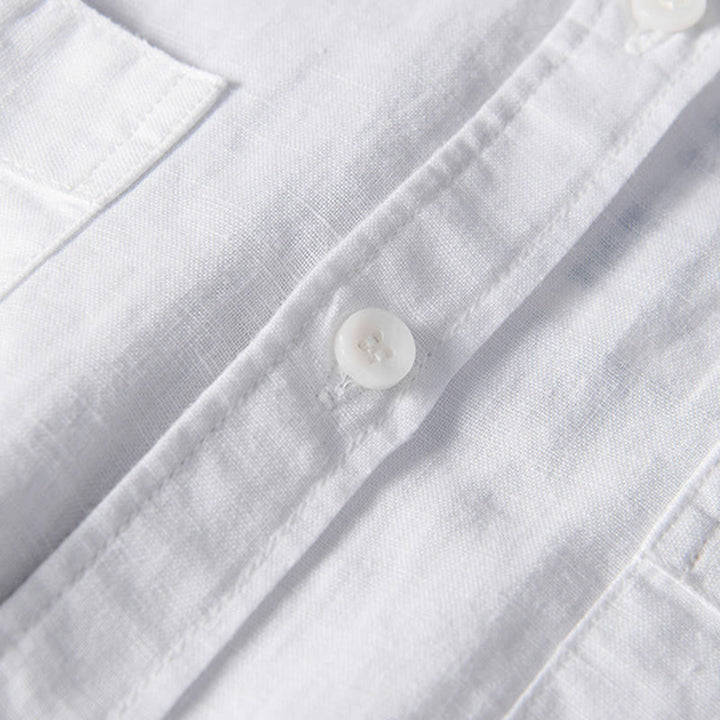 Chemise décontractée à manches courtes en coton et lin pour homme, avec Buddha Stones simples et col montant, avec poches avant - image 4