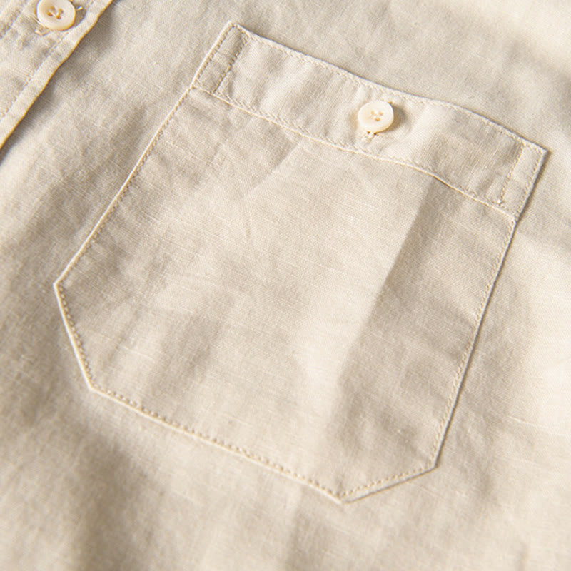 Chemise décontractée à manches courtes en coton et lin pour homme, avec Buddha Stones simples et col montant, avec poches avant - image 13