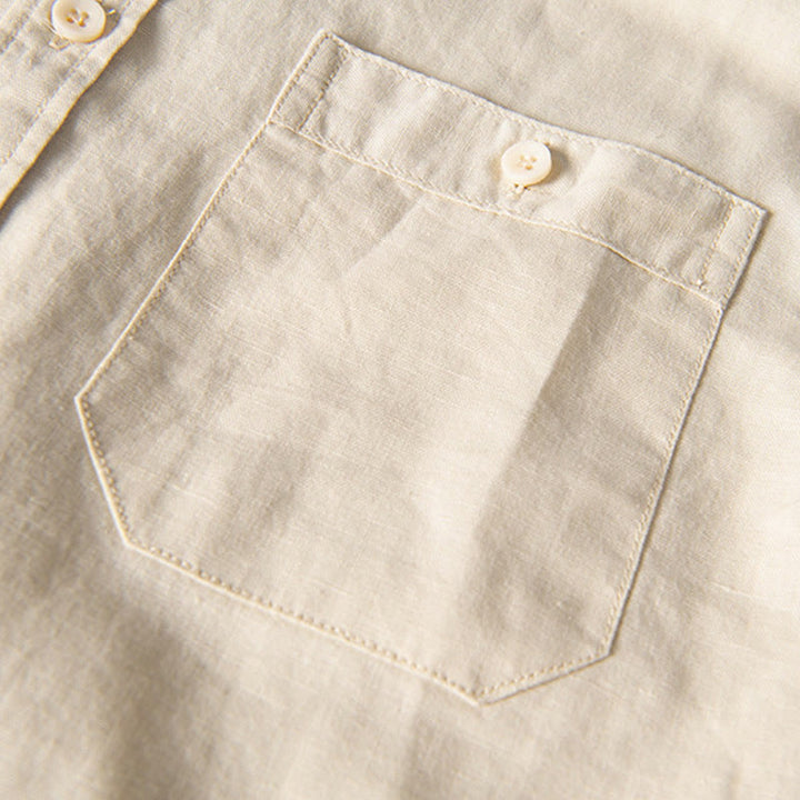 Chemise décontractée à manches courtes en coton et lin pour homme, avec Buddha Stones simples et col montant, avec poches avant - image 13