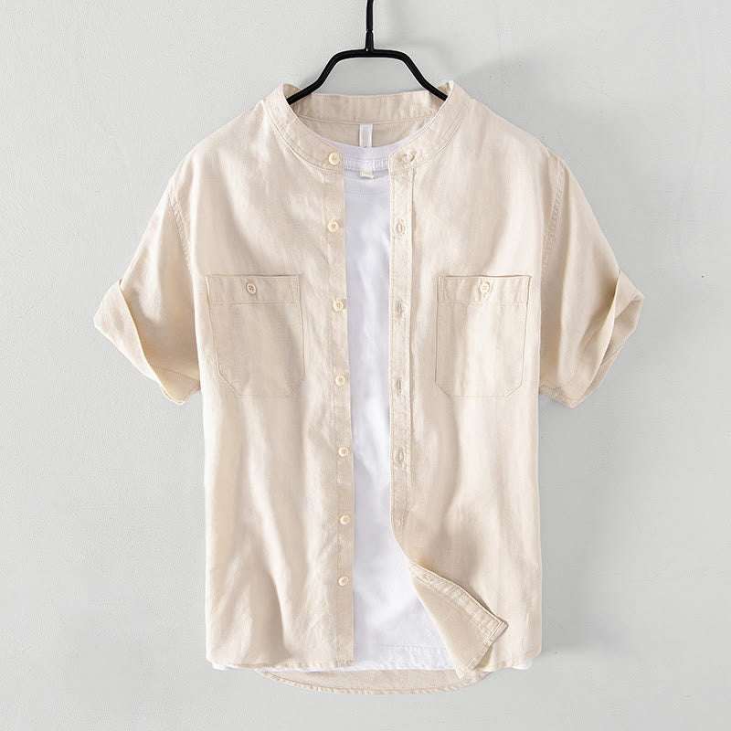Chemise décontractée à manches courtes en coton et lin pour homme, avec Buddha Stones simples et col montant, avec poches avant - Beige - US/UK/AU42，EU52 (3XL) - image 9